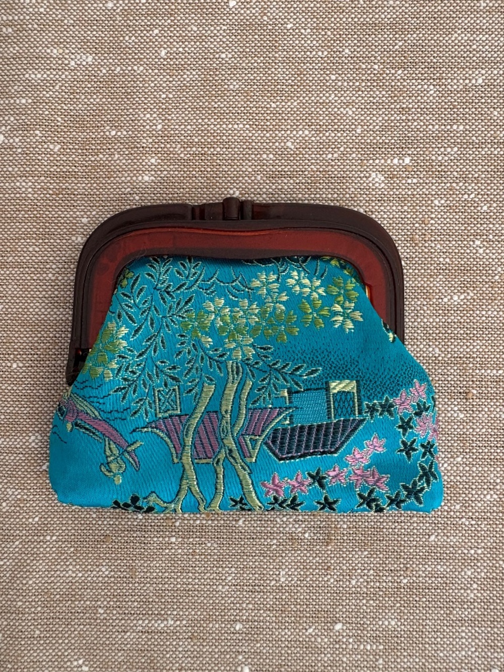 Vintage Turquoise Silk Brocade Chinoiserie Coin Purse Kiss Lock Trinket Mini Bag